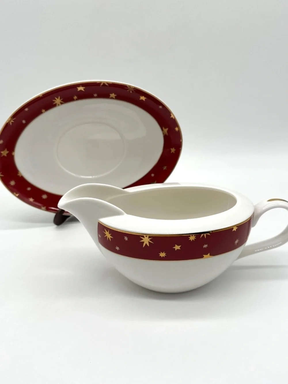 Galaxy by Sakura Red Porcelain Gravy Boat & Underplate 14k Gold Star Accents